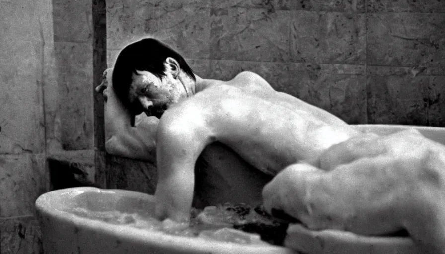 Image similar to 1 9 6 0 s movie still by tarkovsky of marat stabbed in his bath, cinestill 8 0 0 t 3 5 mm b & w, high quality, heavy grain, high detail, panoramic, cinematic composition, dramatic light, anamorphic, jacques louis david style, raphael style, piranesi style, bloody