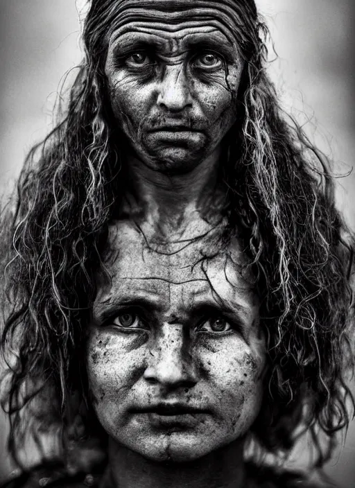 Image similar to Award winning Editorial photo of a Native Liechtensteiners with incredible hair and beautiful hyper-detailed eyes wearing traditional garb by Lee Jeffries, 85mm ND 5, perfect lighting, gelatin silver process