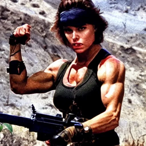 Prompt: Female Rambo, muscular woman with red headband and machine gun, 1983 cinematic