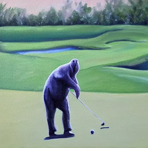 Prompt: oil painting of a bipedal walrus playing golf,