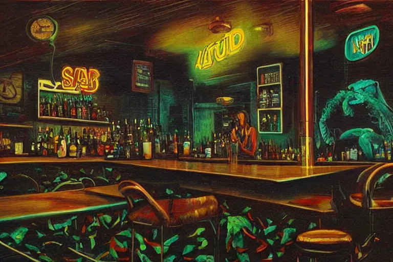 Image similar to scene from louisiana swamps, bar, neon cross, voodoo, artwork by tim eitel