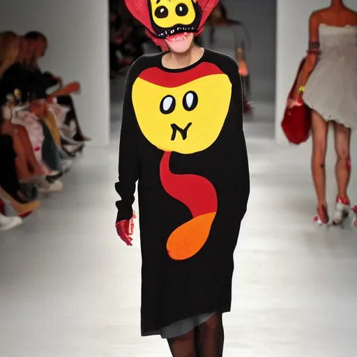 Image similar to slug wearing clothes, vivian westwood, slug with teeth, runway model