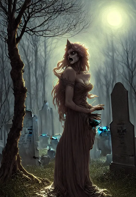 Image similar to Encounter with a feral werewolf at a spooky old cemetery, gravestones, tombstones, angel statues, fantasy magic, dark light night, intricate, elegant, sharp focus, illustration, highly detailed, digital painting, concept art, matte, art by WLOP and Artgerm and Greg Rutkowski and Alphonse Mucha, masterpiece