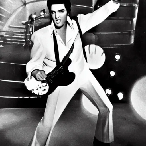 Image similar to photograph of elvis dancing, in alien spaceship