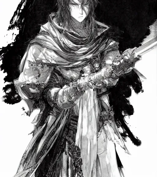 Prompt: portrait of anime man with long hair wearing a dark robe holding a rapier, pen and ink, intricate line drawings, by craig mullins, ruan jia, kentaro miura, greg rutkowski, loundraw