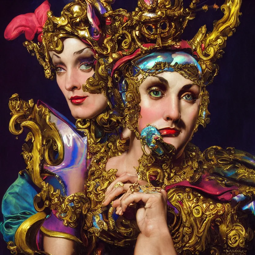 Prompt: a baroque neoclassicist close - up portrait of a colorful jester wearing an iridescent retrofuturistic venetian mask, large marble architecture in background. renaissance portrait painting. highly detailed science fiction painting by norman rockwell, frank frazetta, and syd mead. rich colors, high contrast, gloomy atmosphere, dark background. trending on artstation