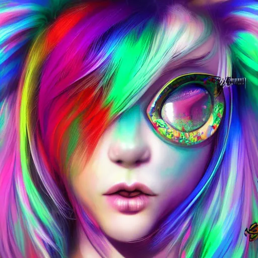 Image similar to catgirl with rainbow hair, digital art, by Yoshitaka Amano, trending on artstation, 4k, highly detailed, psychedelic