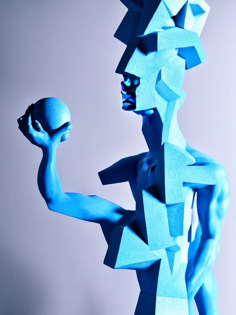 Image similar to a fine art photograph formal self sculpture by the artist kelbv, in distinct hyper precise fineliner style with cuboids neatly curving above his head, and exploded body filled with light blue and white spheroids, perfect bright studio lighting.