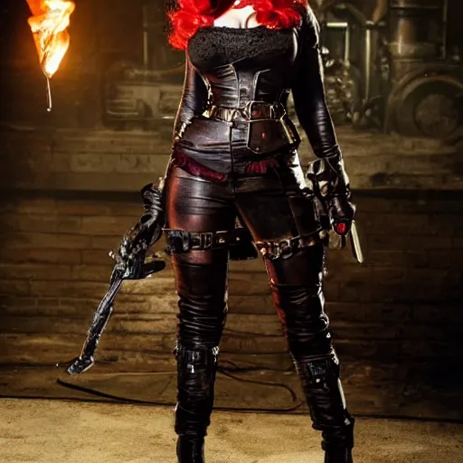 Prompt: full body photo of christina hendricks as a steampunk rogue warrior