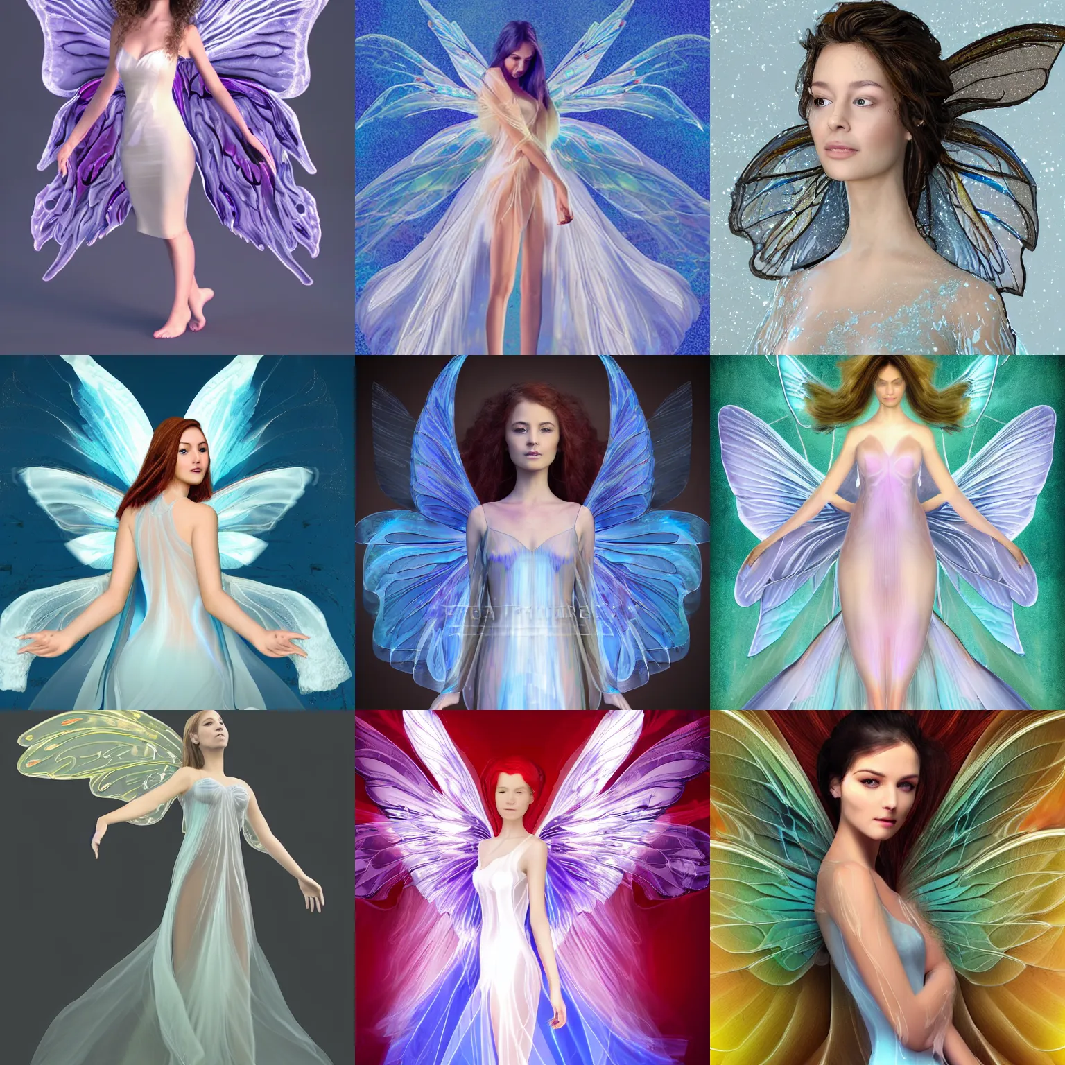 Prompt: prompt portrait of beautiful female fairy, translucent dress, fluid simulation, wispy gigantic wings