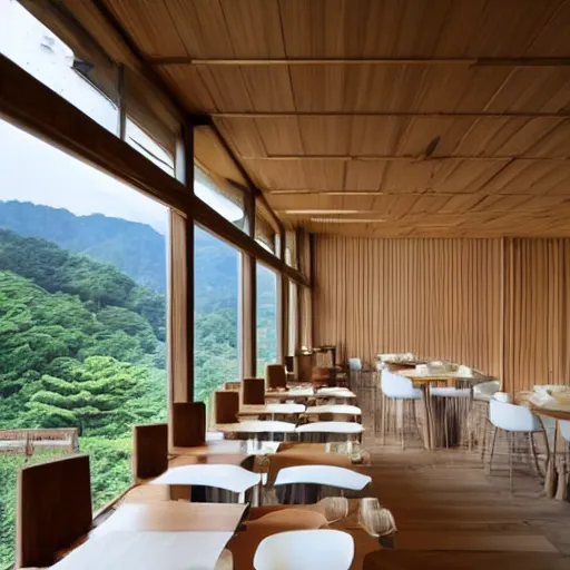 Prompt: innovative interior design of a restaurant in rural japan, neutral wooden materials, floor - to - ceiling windows with views of nature