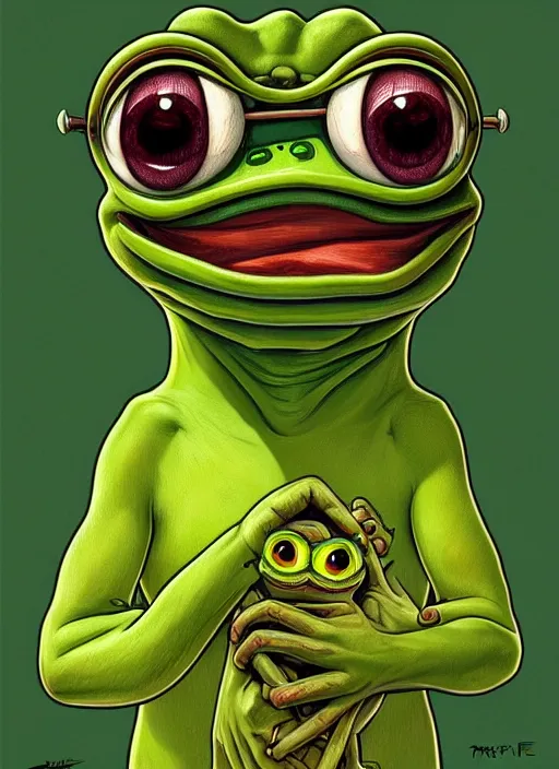 Image similar to pepe the frog character, by matt furie!!!, sad, depressed, portrait, intricat, highly detailed, digital painting, artstation, concept art, wallpaper, smooth, sharp focus, illustration, art by artgerm and greg rutkowski!! and alphonse mucha