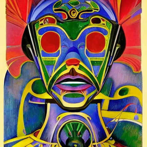 Prompt: head of a beautiful robot wearing a carnival mask made of stylized flowers, by diego rivera and john watkiss and annie swynnerton, art deco shaman, art brut, symbolist, dramatic cinematic lighting, god rays, iridescent beetles, clean crisp graphics, smooth sharp focus, extremely detailed