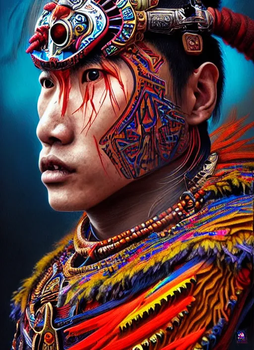 Image similar to portrait of yang yang, hyper detailed ultra sharp aztec shaman warrior. trending on artstation, warpaint aesthetic, bloodwave, colorful, psychedelic, ornate, intricate, digital painting, concept art, smooth, sharp focus, illustration, art by artgerm and greg rutkowski and h. r. giger, 8 k