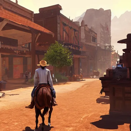 Prompt: a cowboy teleporting into a dusty main street