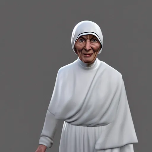 Image similar to pov mother theresa pointing a submachine at the camera, 3d model, hyperrealistic, dynamic shadows, dynamic lighting