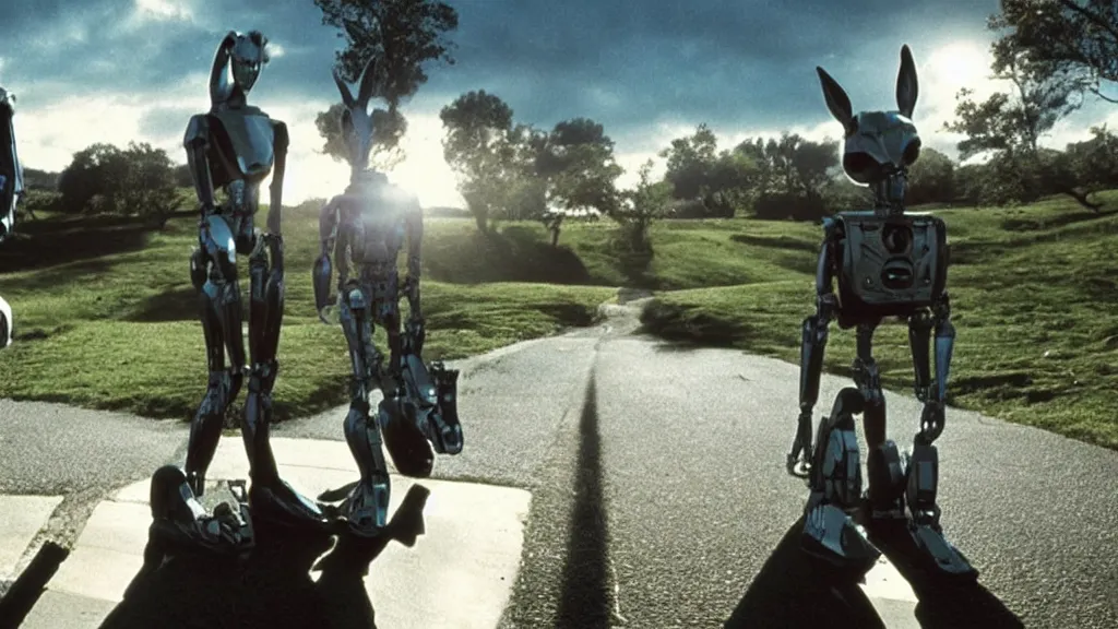 Image similar to movie scene of donnie darko but with robots, movie still, cinematic composition, cinematic light, by edgar wright