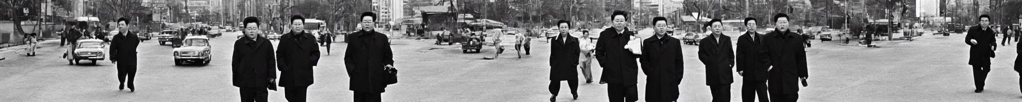 Image similar to kim jong - il walking in 1 9 6 0 s pyongyang, film noir thriller in the style of orson welles and andrei tarkovski