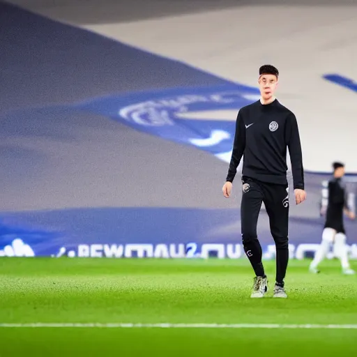 Prompt: kai havertz walking into the stamford bridge stadium, crowd cheering, bright lights, clear image, award winning dslr photography, global illumination, radiant lighting