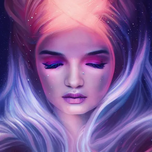 Image similar to an epic cinematic ethereal portrait made of stardust of kim petras with her eyes closed as part of the fabric of the universe and existence, galaxies, stars, nebulas, artstation trending, visionary art, oil painting, cgsociety, instagram