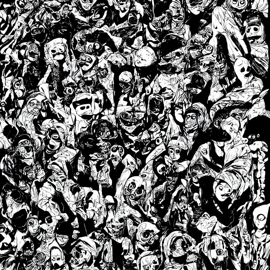 Prompt: faceless human figures, kazuo umezu artwork, jet set radio artwork, stripes, tense, space, skimask, balaclava, ominous, minimal, cybernetic, cowl, dots, stipples, lines, hashing, thumbprint, dark, eerie, circuit board, crosswalks, guts, folds, tearing, painting