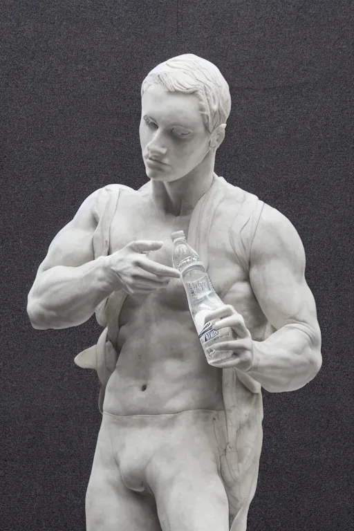 Prompt: marble sculpture of man in Adidas jacket sportswear holding a bottle, intricate sculpture, chiseled muscles, godlike, museum photo