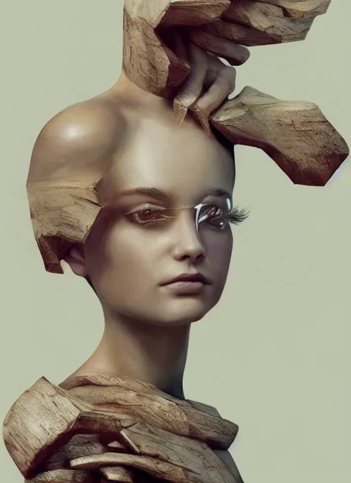 Image similar to sculpture made of wood, portrait, female, future, harper's bazaar, vogue, magazine, intricate, concept art, close up, ornate, luxury, elite, elegant, trending on artstation, by ruan jia, by Kenneth Willardt, by ross tran, by WLOP, by Andrei Riabovitchev,