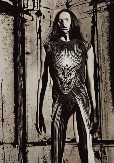 Image similar to henley shirt inspired by h. r. giger designed by alexander mcqueen