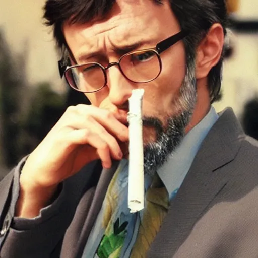 Prompt: rare photo of gendo ikari smoking a joint