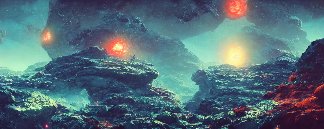 Image similar to ” barren asteroid, [ cinematic, detailed, epic, widescreen, opening, establishing, mattepainting, photorealistic, realistic textures, octane render, art by paul lehr ] ”