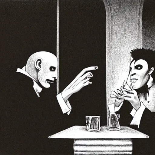 Image similar to Nosferatu and Elvis sitting down at a restaurant, Chris Van Allsburg