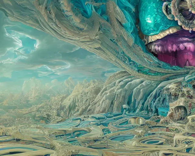 Image similar to hyperdetailed maximalist artwork by billelis inspired by oozium. Artstation. 8k 4k 64megapixels seen from below. Ant's eye perspective. Focus Giant floating alabaster skull drapped over with 1000 twirling emerald snakes. Unreal engine 5. Surreal render. Slightly blurry speedpainted minimal Swiss landscape below in the style of loish and holosomnia. Unrealistic harmonic colors. Sundown.