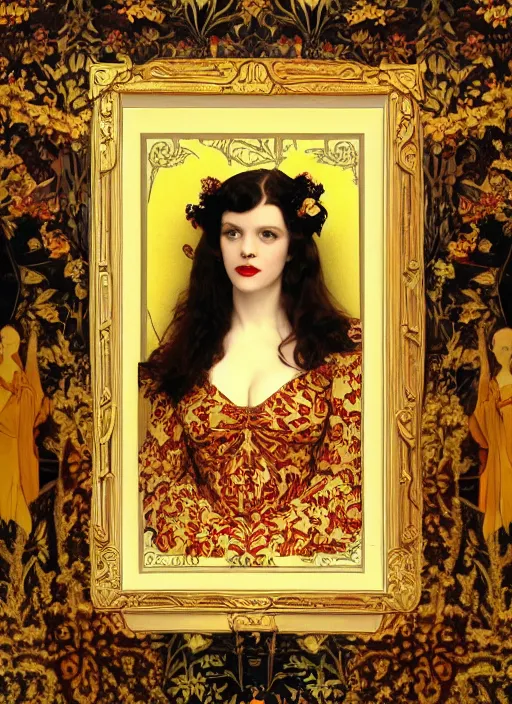 Image similar to masterpiece beautiful seductive curvey pose preraphaelite portrait photography, hybrid of judy garland and zooey deschanel, straight jagged fringe, yellow ochre ornate medieval dress, william morris and kilian eng and mucha, framed, 4 k