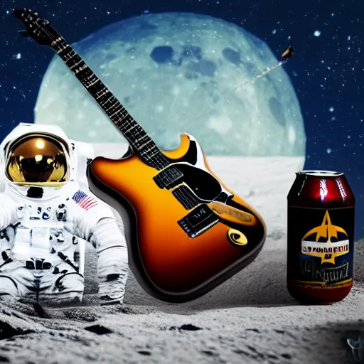Prompt: photo of a detailed, realistic, regular sized, sitting idle fender electric guitar next to a sitting idle beer can and an astronaut sitting down on the moon surface. detailed photo. realistic photo. cinematic. cinematic shot