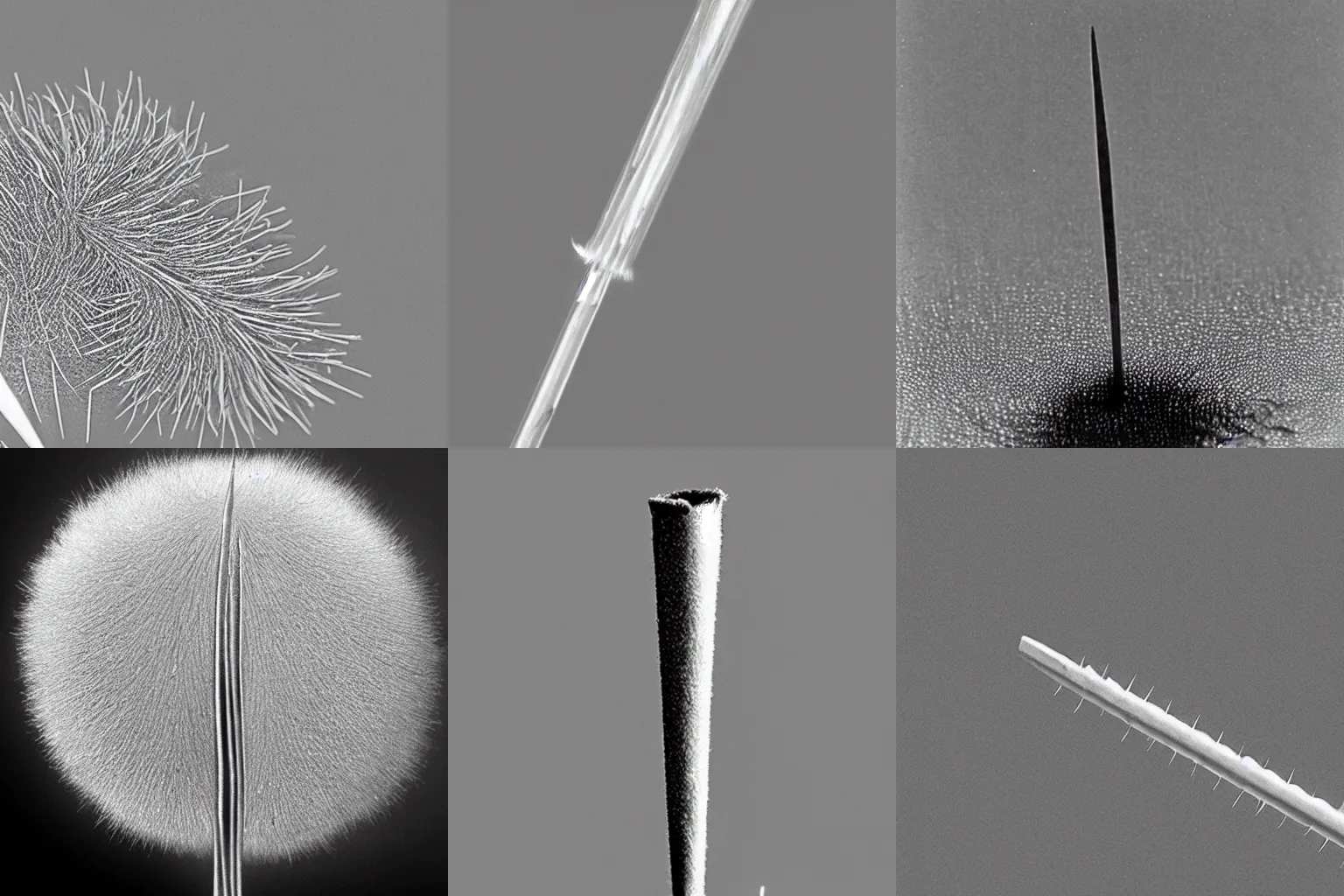 Prompt: electron microscopic image of a human hair next to a needle tip