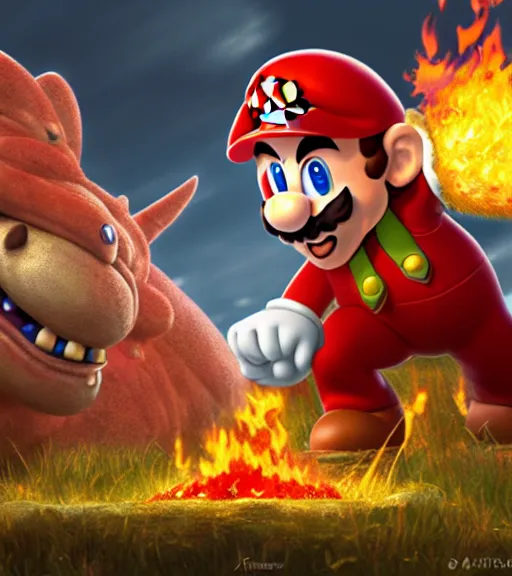 Prompt: an epic fantasy comic book style portrait painting of super mario fighting bowser with fireballs, studio ghibli, unreal 5, daz, hyperrealistic, octane render, cosplay, rpg portrait, dynamic lighting, intricate detail, harvest fall vibrancy, cinematic