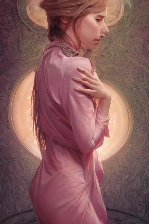 Image similar to ultra realistic illustration, european woman drawing, pink background, elegant, highly detailed, digital painting, concept art, smooth, sharp focus, illustration, art by artgerm and greg rutkowski and alphonse mucha