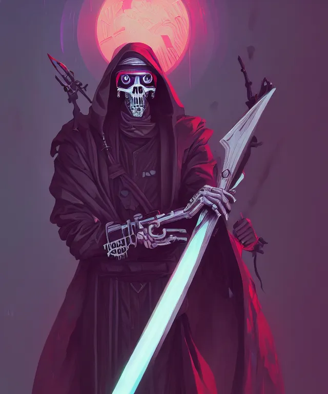 Image similar to a portrait of a cyberpunk grim reaper holding a scythe, fantasy, elegant, digital painting, artstation, concept art, matte, sharp focus, illustration, art by josan gonzalez