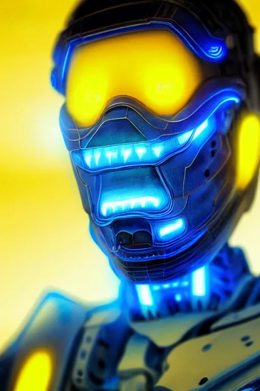 Image similar to hyperrealistic close-up blue glow exoskeleton!! sad chinese man covered highly detailed concept art eric zener elson peter cinematic side soft yellow light high angle hd 8k sharp shallow depth of field