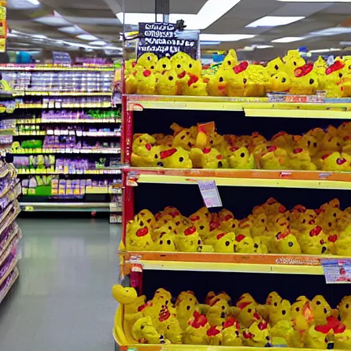 Prompt: a supermarket that sells only comically large rubber ducks