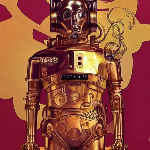 Image similar to c 3 po smoking crack cocaine by mcfarlane, alphonse mucha, artgerm and greg rutkowski and magali villeneuve. realistic.