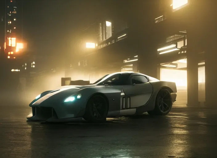 Prompt: Bladerunner 2049 scene of man tuning his sports car in garage dark atmospheric volumetric lighting moody dark cinematic Roger Deakins Cinematography futuristic cyberpunk car GT40 Le Mans GTR R35 Viper RX-8 S14 Lan Evo X ikuo maeda Newton Thomas Sigel