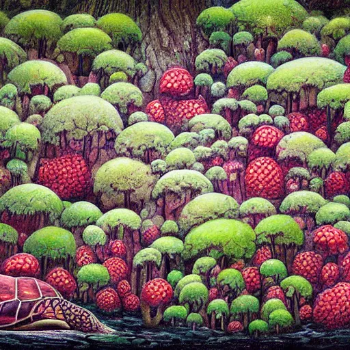 Prompt: a beautiful painting powerful raspberry forest raspberry forest pod cocoa pine tree nut, by wendy froud and ghibli studios, an 8 megapixel webcam recording electron microscope, national geographic photo aquatic creepy village couch turtle