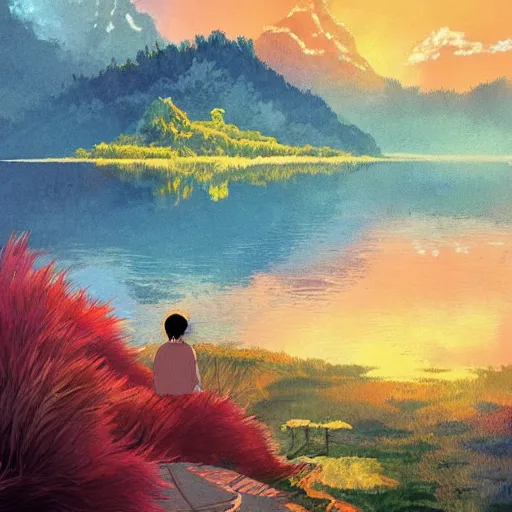 Prompt: a beautiful lake, fantasy art, 2 d, sunshine, warm colors, relaxing, calm, cozy, peaceful, by studio ghibli