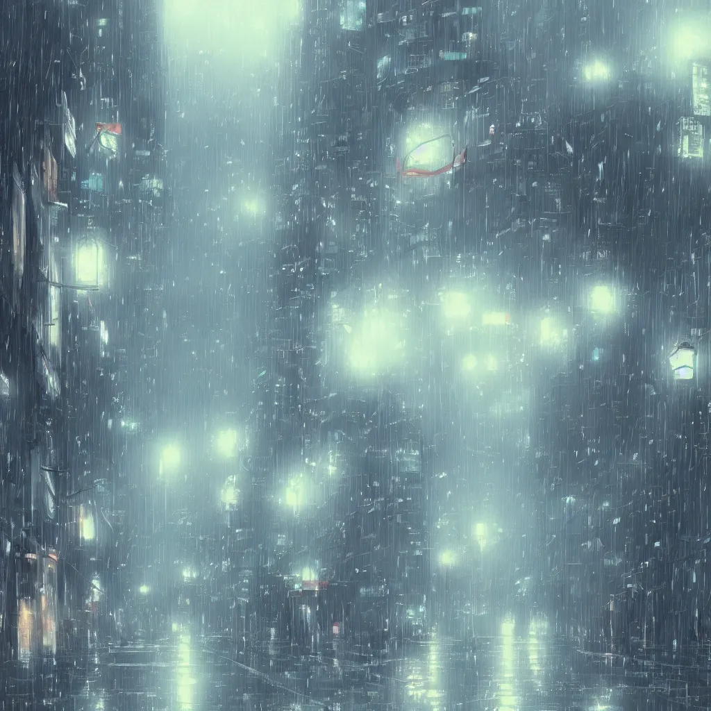 Image similar to illustration of beautiful anime city by Makoto Shinkai, it is raining and foggy