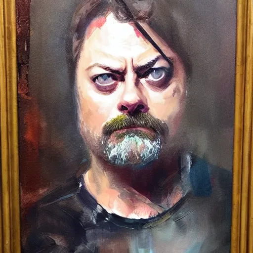 Prompt: nick offerman with body of a cat morphed together, hybrid, jeremy mann painting