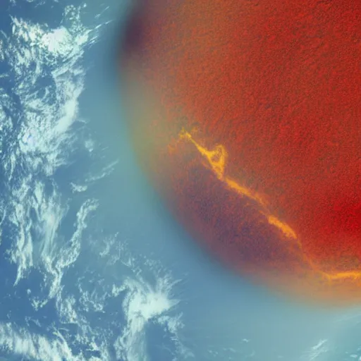 Image similar to a cubic planet filled with dark red oceans and yellow vegetation, satellite image