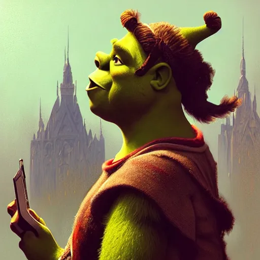 Prompt: shrek wearing vr headset, highly detailed, digital painting, artstation, concept art, sharp focus, illustration, art by greg rutkowski and alphonse mucha