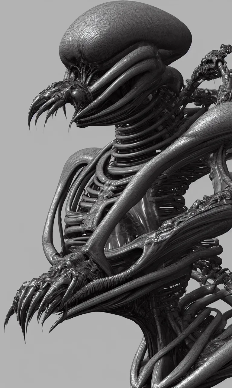 Prompt: a computer generated image of an alien creature, a computer rendering by giger, featured on zbrush central, afrofuturism, hard surface modeling, rendered in cinema 4 d, zbrush