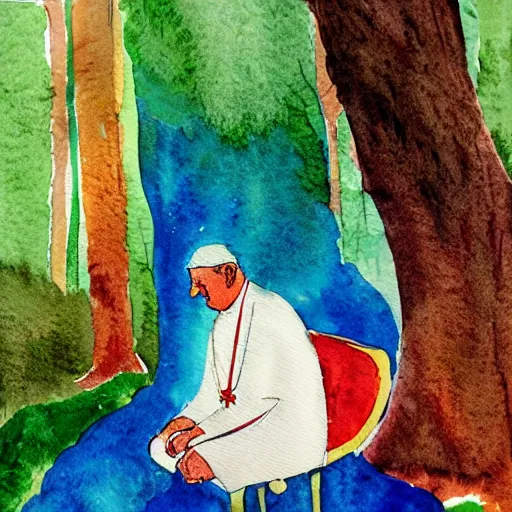 Prompt: watercolor and collage by eric carle, of the pope squatting on a toilet in the forest, peaceful mood